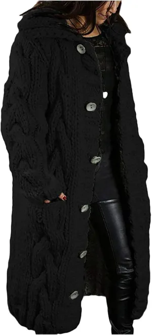Cable Knit Open Front Sweaters for Women Long Plus Size Cardigan Hooded Chunky Button Down Comfy Kimono Coat Elegant Pockets