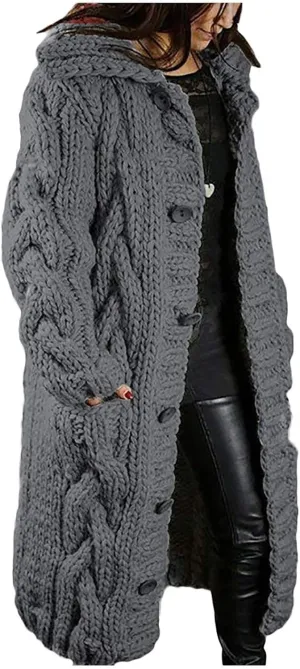 Cable Knit Open Front Sweaters for Women Long Plus Size Cardigan Hooded Chunky Button Down Comfy Kimono Coat Elegant Pockets