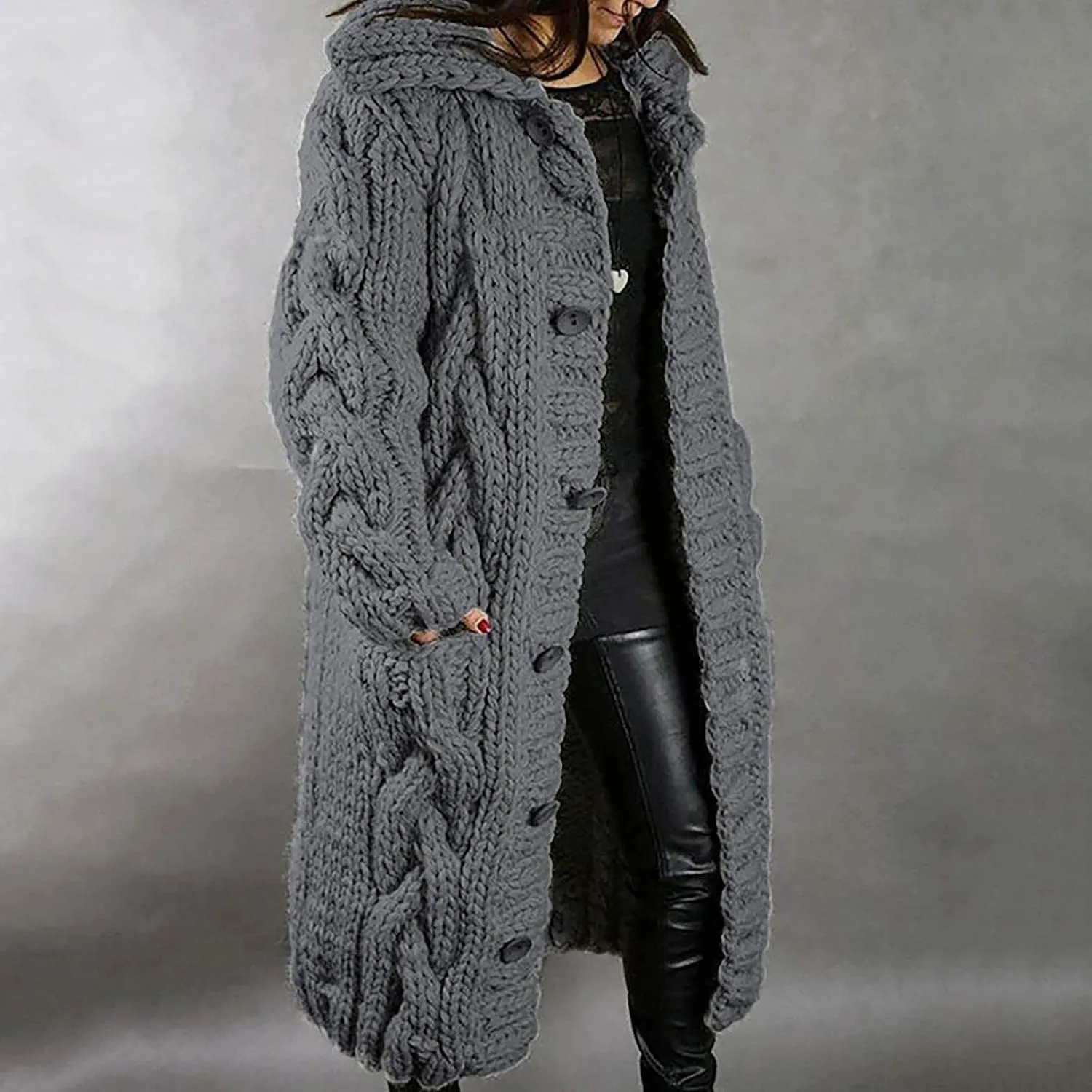 Cable Knit Open Front Sweaters for Women Long Plus Size Cardigan Hooded Chunky Button Down Comfy Kimono Coat Elegant Pockets