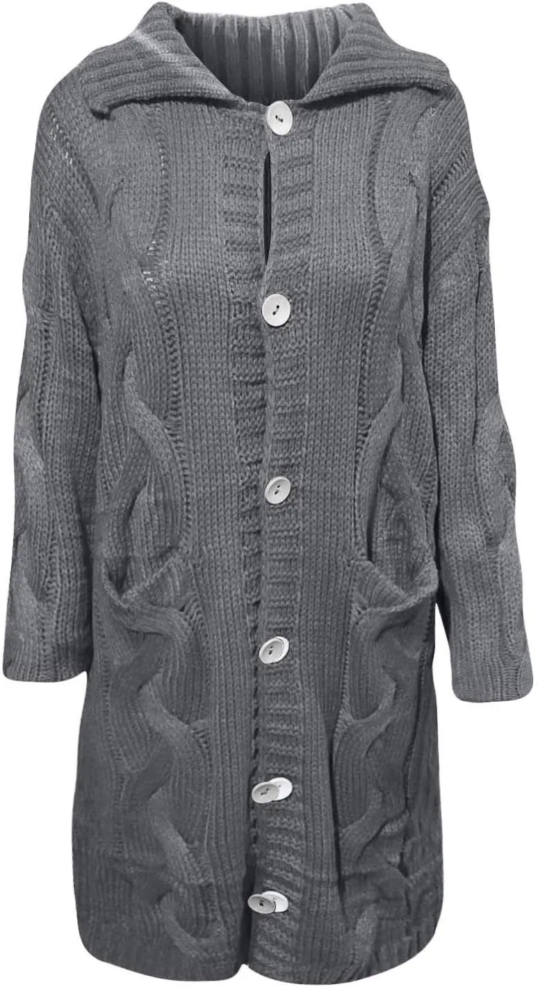 Cable Knit Open Front Sweaters for Women Long Plus Size Cardigan Hooded Chunky Button Down Comfy Kimono Coat Elegant Pockets