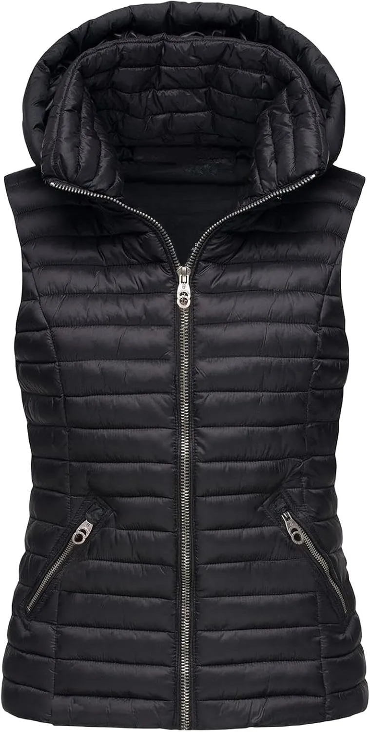 Canbebig Puffer Vest Women Lightweight Zipper Hoodie Sleeveless Puffer Jacket Casual Quilted Down Coat Warm Hooded Jacket