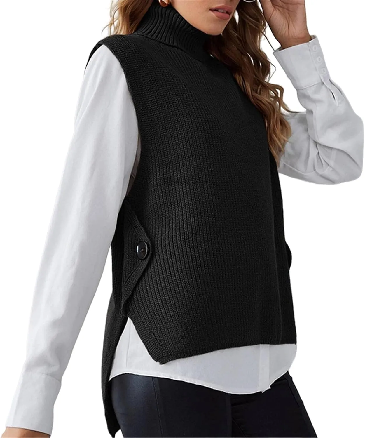 Canbebig Women's Mock Turtleneck Sleeveless Sweater Vest Casual Loose High Low Tank Top Knitted Sweaters Waistcoat
