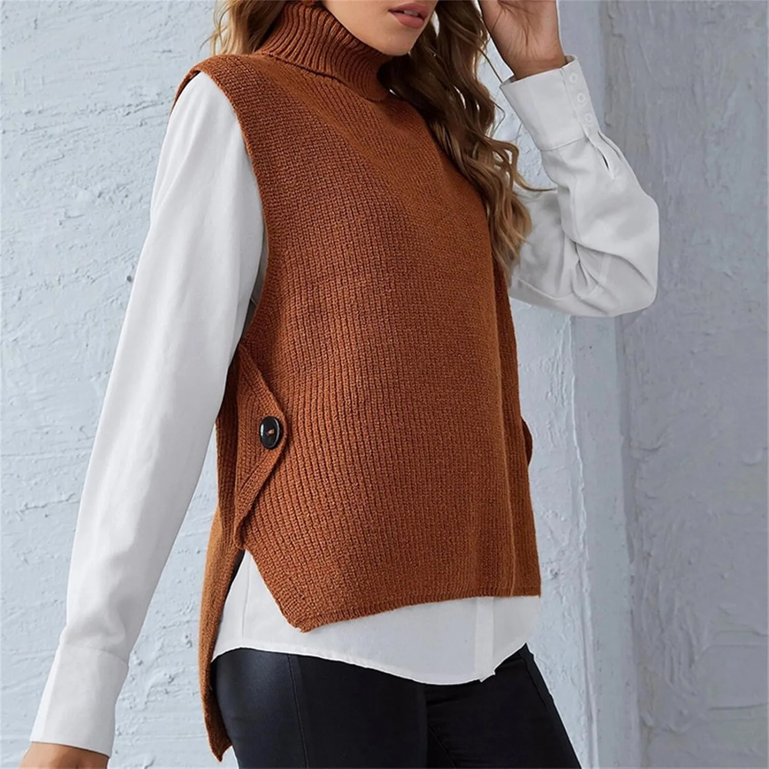 Canbebig Women's Mock Turtleneck Sleeveless Sweater Vest Casual Loose High Low Tank Top Knitted Sweaters Waistcoat