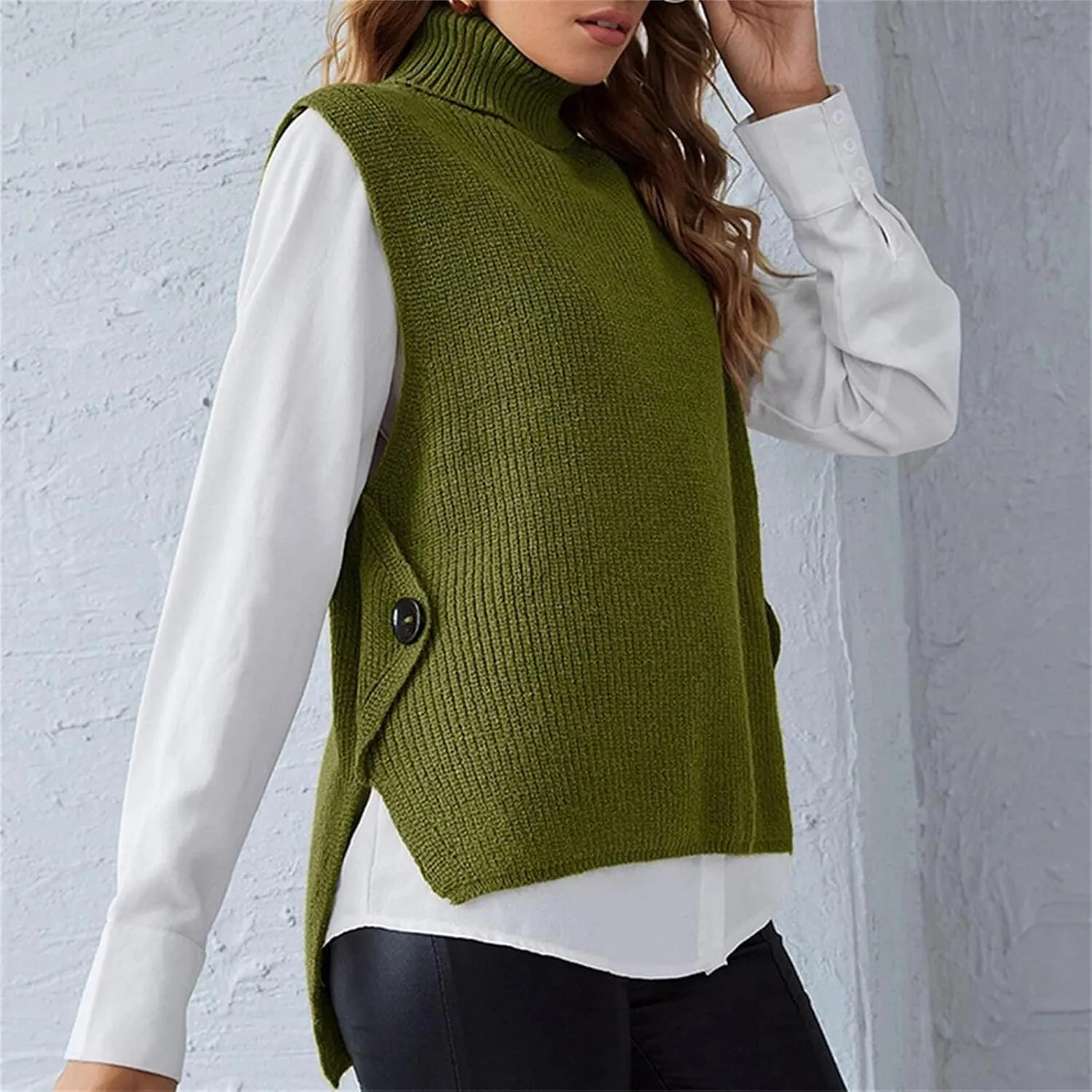 Canbebig Women's Mock Turtleneck Sleeveless Sweater Vest Casual Loose High Low Tank Top Knitted Sweaters Waistcoat