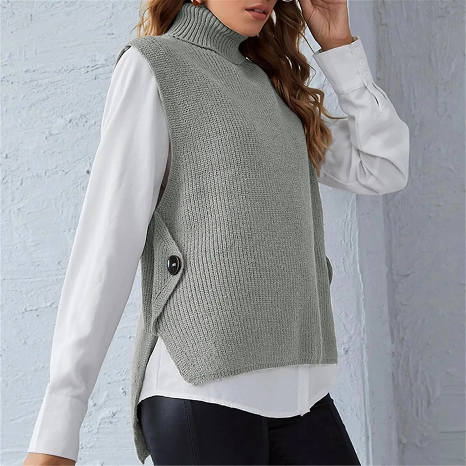 Canbebig Women's Mock Turtleneck Sleeveless Sweater Vest Casual Loose High Low Tank Top Knitted Sweaters Waistcoat