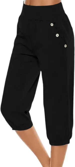 Capri Pants for Women Casual Summer Drawstring Elastic High Waist Linen Pant Straight Cropped Pants(Black-B, XXL)