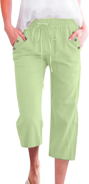 Capri Pants for Women, Casual Summer Drawstring High Waist Linen Pants Elastic Straight Wide Leg Plus Size Capris