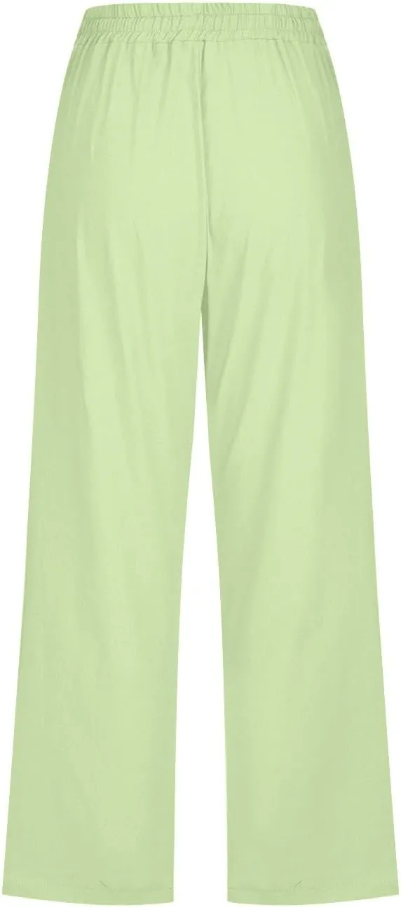 Capri Pants for Women, Casual Summer Drawstring High Waist Linen Pants Elastic Straight Wide Leg Plus Size Capris