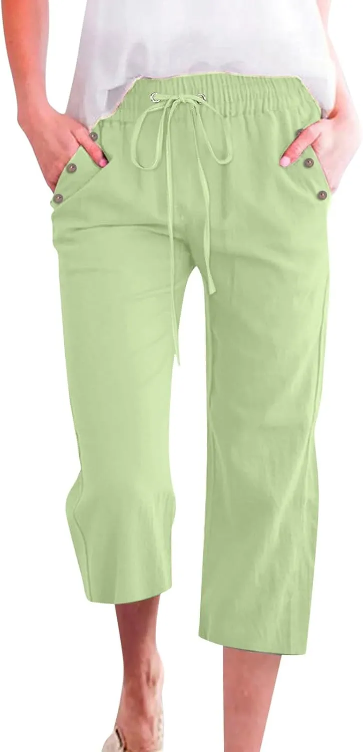 Capri Pants for Women, Casual Summer Drawstring High Waist Linen Pants Elastic Straight Wide Leg Plus Size Capris