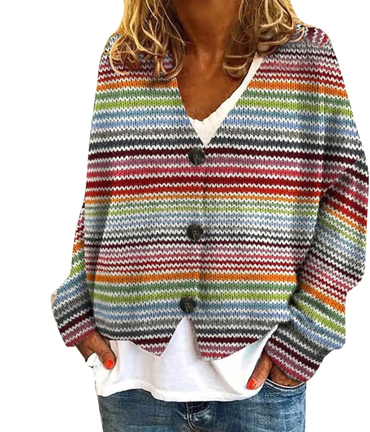 Cardigan Sweaters for Women Fall Casual Floral Printed Long Sleeve Button V-Neck Open Front Lightweight Loose Outwear