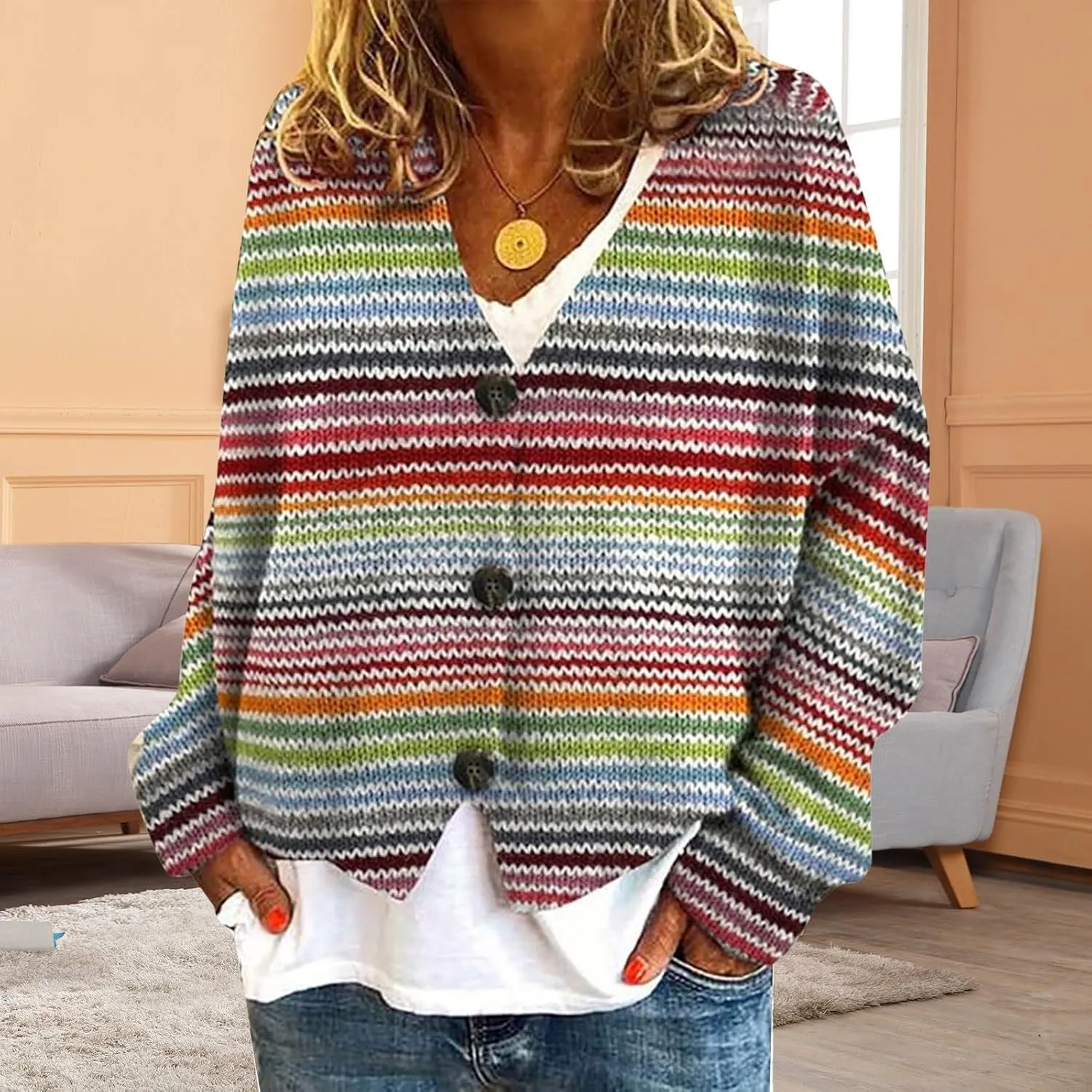 Cardigan Sweaters for Women Fall Casual Floral Printed Long Sleeve Button V-Neck Open Front Lightweight Loose Outwear