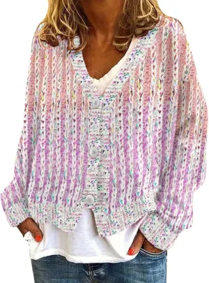 Cardigan Sweaters for Women Fall Casual Floral Printed Long Sleeve Button V-Neck Open Front Lightweight Loose Outwear