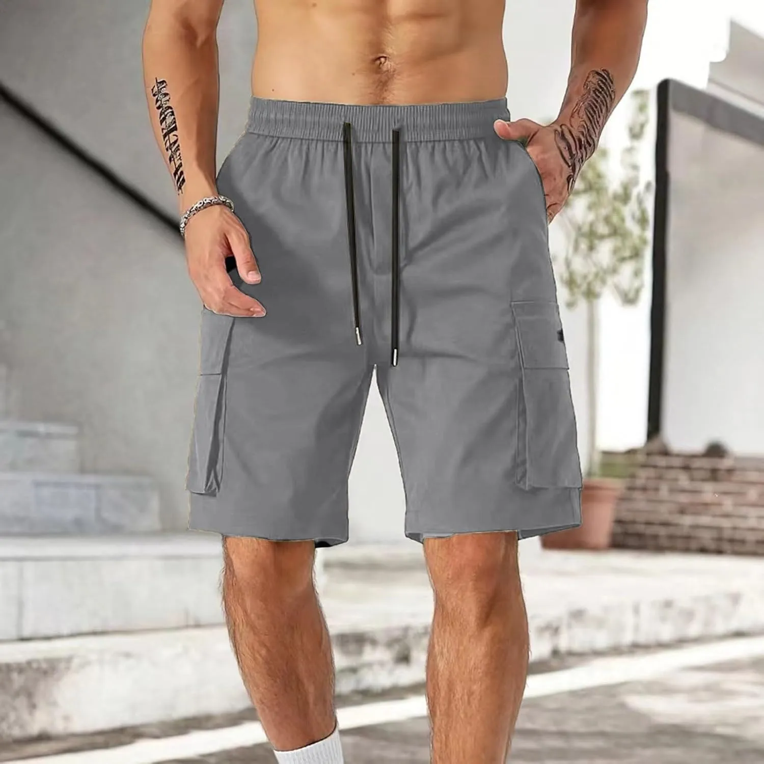 Cargo Shorts for Men Drawstring Elastic Waist Athletic Work Shorts Outdoor Hiking Short Pants with Multi Pockets