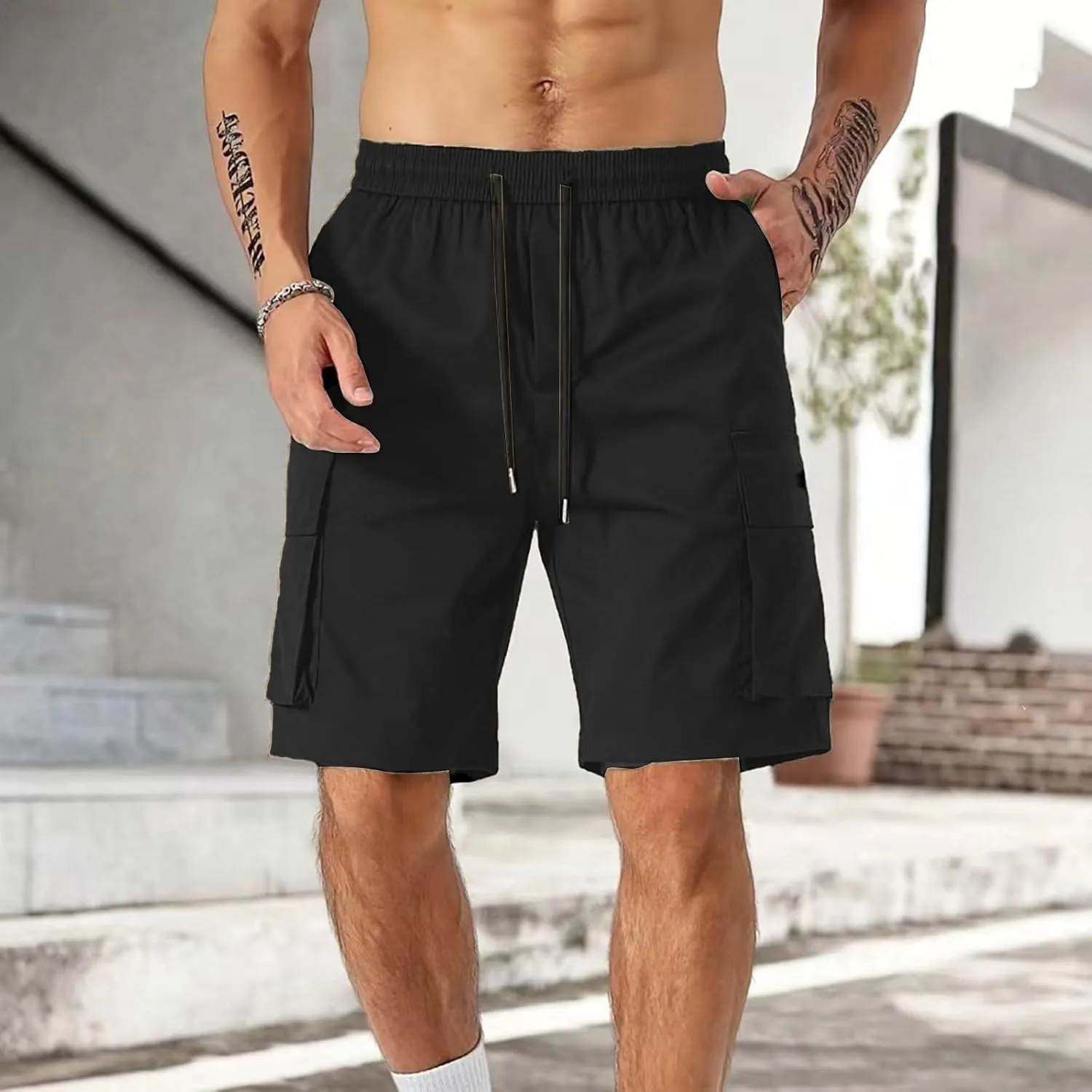 Cargo Shorts for Men Drawstring Elastic Waist Athletic Work Shorts Outdoor Hiking Short Pants with Multi Pockets