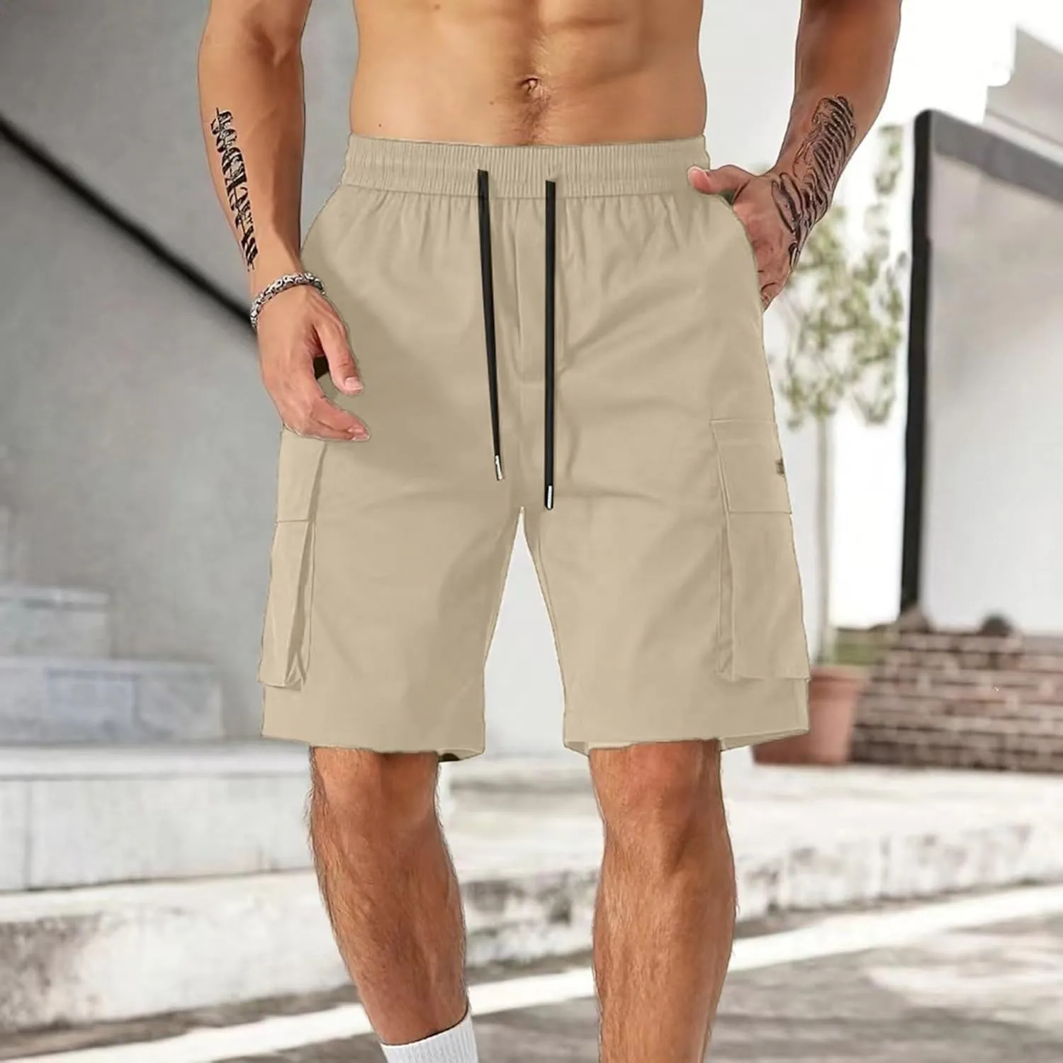 Cargo Shorts for Men Drawstring Elastic Waist Athletic Work Shorts Outdoor Hiking Short Pants with Multi Pockets