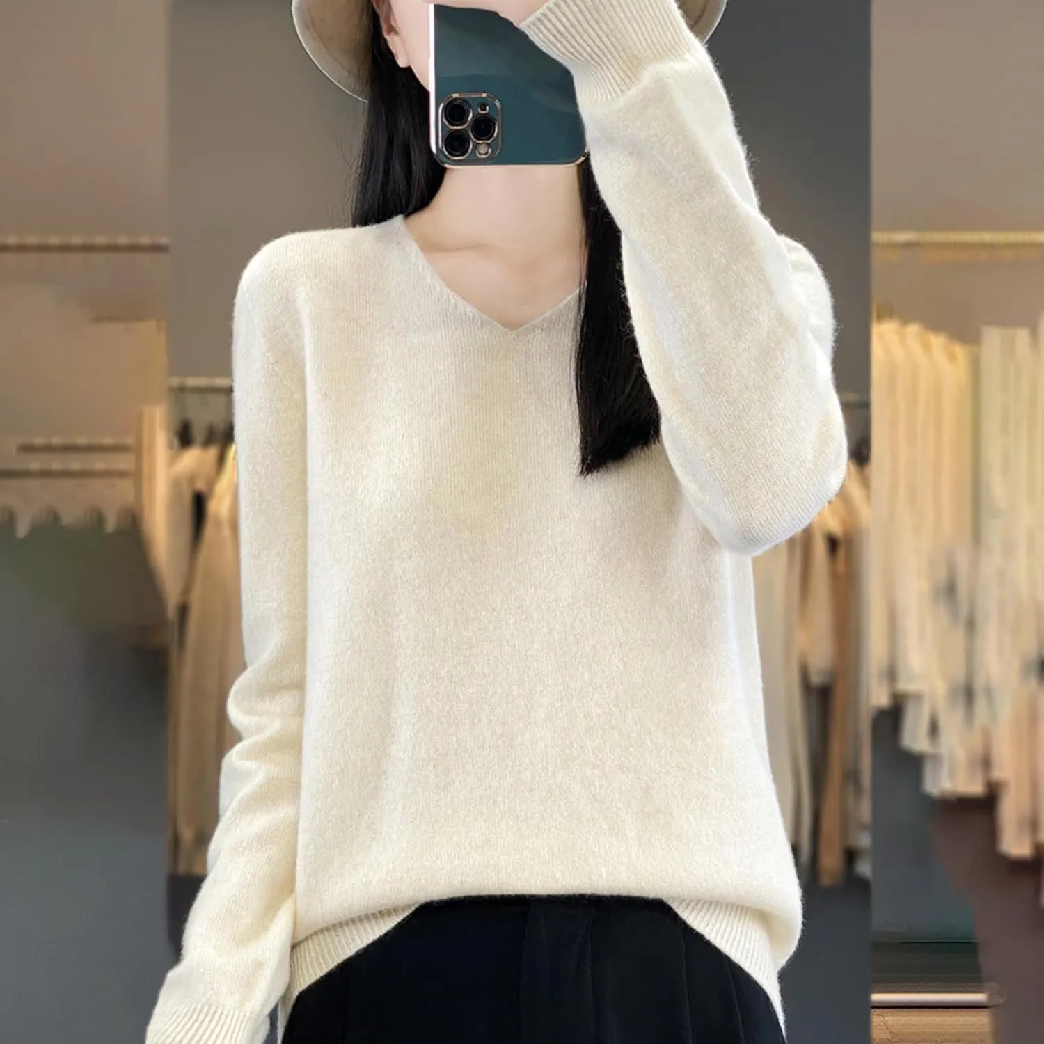 Cashmere Sweaters for Womens Long Sleeve V Neck Loose Pullover Tops Soft Warm Cozy Lightweight Knit Sweater