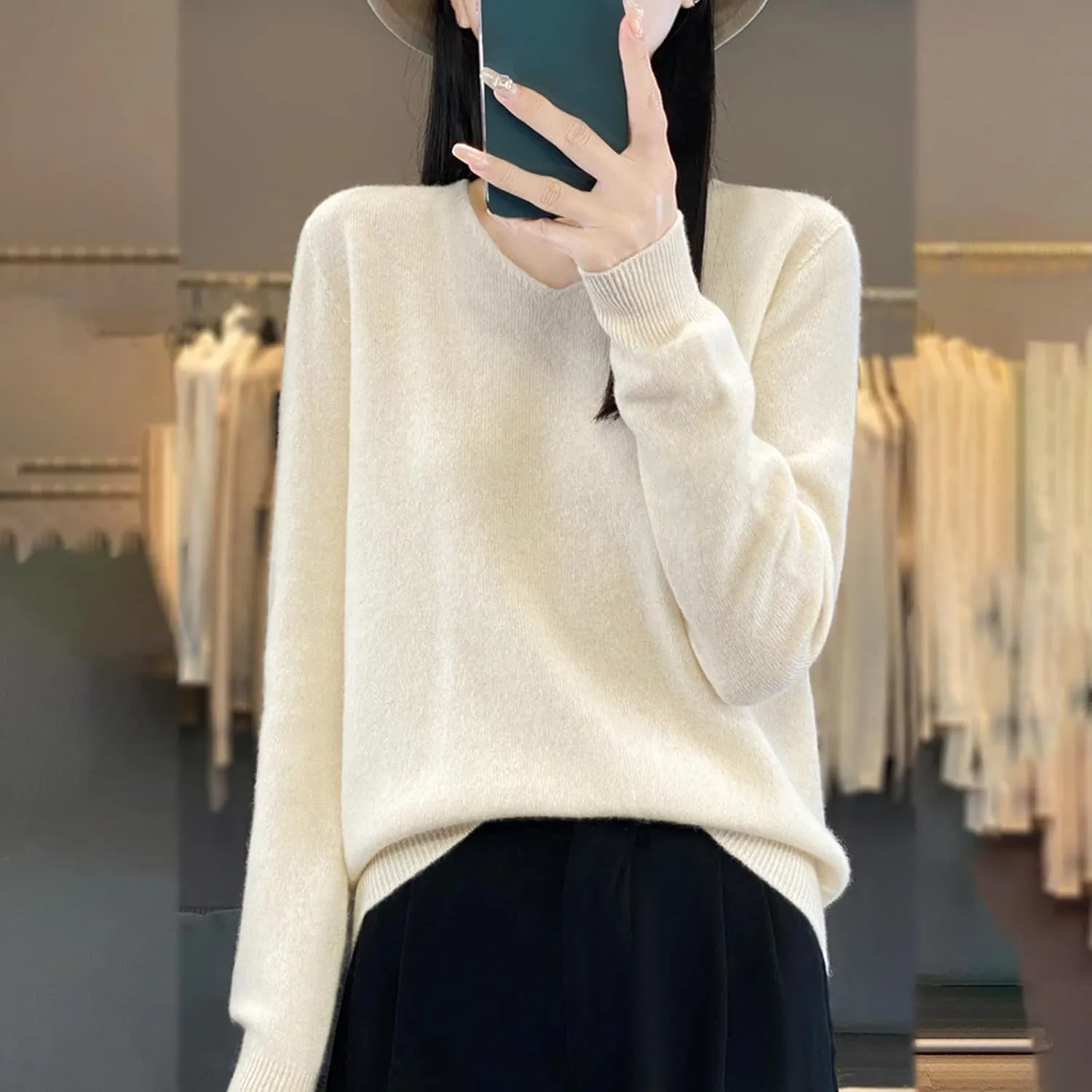 Cashmere Sweaters for Womens Long Sleeve V Neck Loose Pullover Tops Soft Warm Cozy Lightweight Knit Sweater