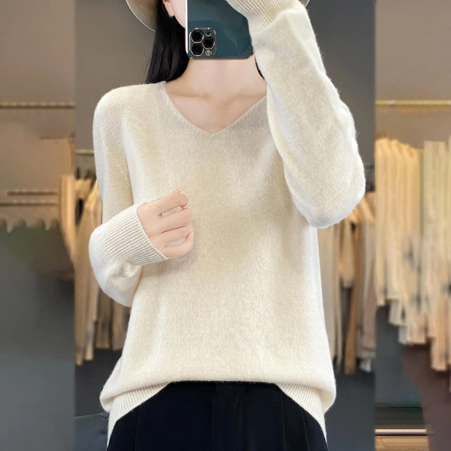 Cashmere Sweaters for Womens Long Sleeve V Neck Loose Pullover Tops Soft Warm Cozy Lightweight Knit Sweater