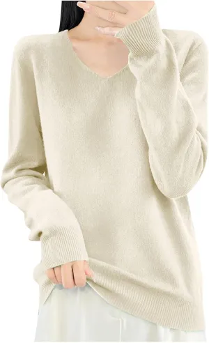 Cashmere Sweaters for Womens Long Sleeve V Neck Loose Pullover Tops Soft Warm Cozy Lightweight Knit Sweater