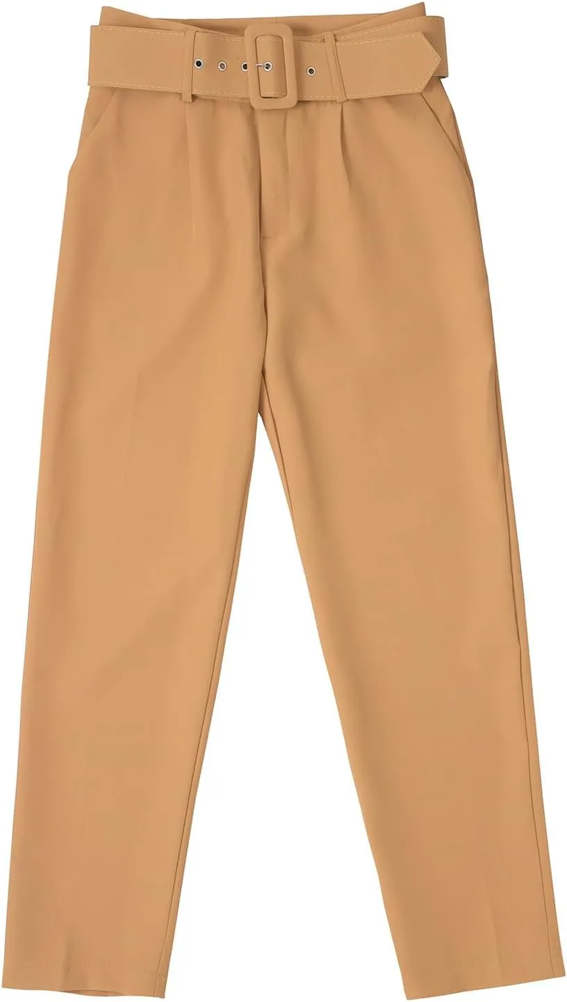 Casual Belted Dress Pants for Women Slim Fit Office Work Pencil Pants High Waisted Straight Leg Pull-On Trousers with Pockets
