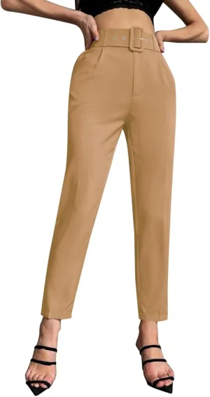 Casual Belted Dress Pants for Women Slim Fit Office Work Pencil Pants High Waisted Straight Leg Pull-On Trousers with Pockets