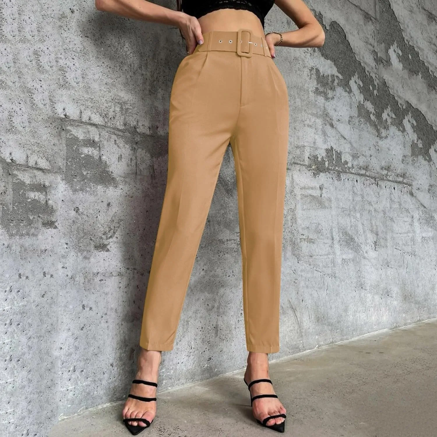 Casual Belted Dress Pants for Women Slim Fit Office Work Pencil Pants High Waisted Straight Leg Pull-On Trousers with Pockets