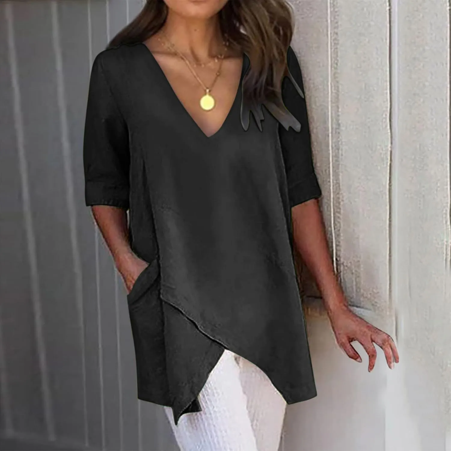 Casual Cotton and Linen 3/4 Sleeve Summer Tops for Women Loose Irregular Hem Tunic T Shirt Solid Plain Plus Size Blouse