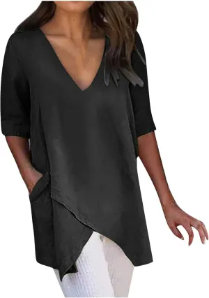 Casual Cotton and Linen 3/4 Sleeve Summer Tops for Women Loose Irregular Hem Tunic T Shirt Solid Plain Plus Size Blouse