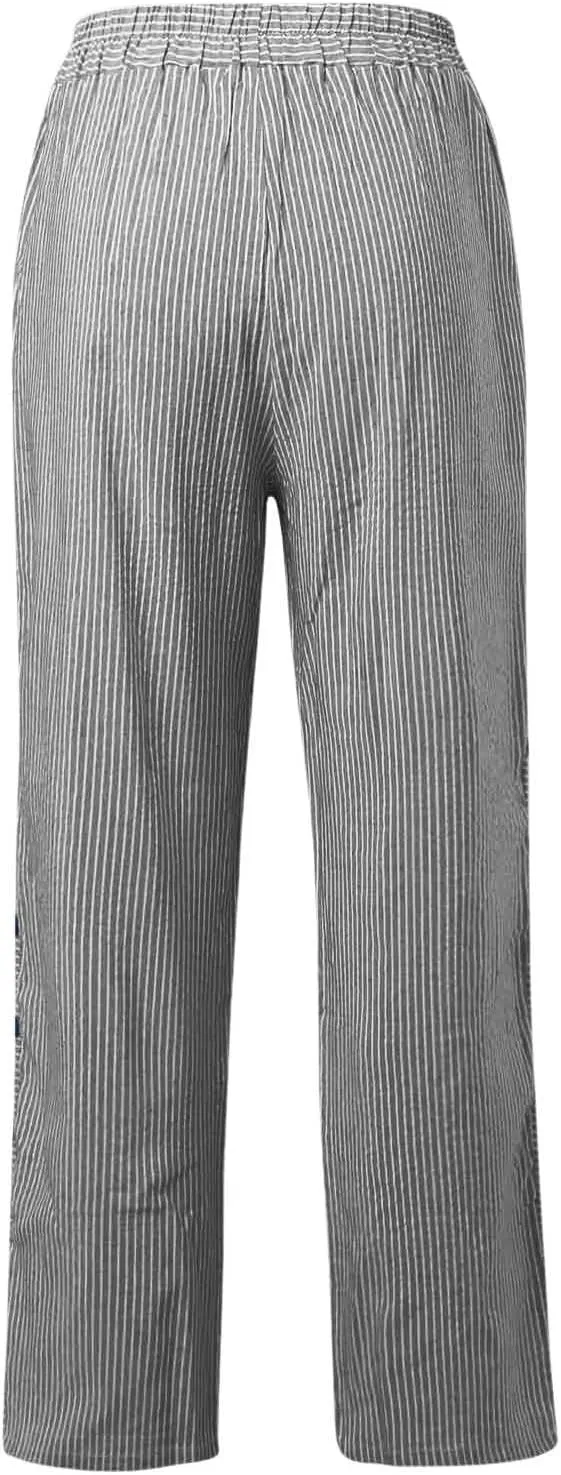 Casual Pants for Women Trendy Stripe Side Button Up Elastic Waist Straight Leg Trousers with Pocket