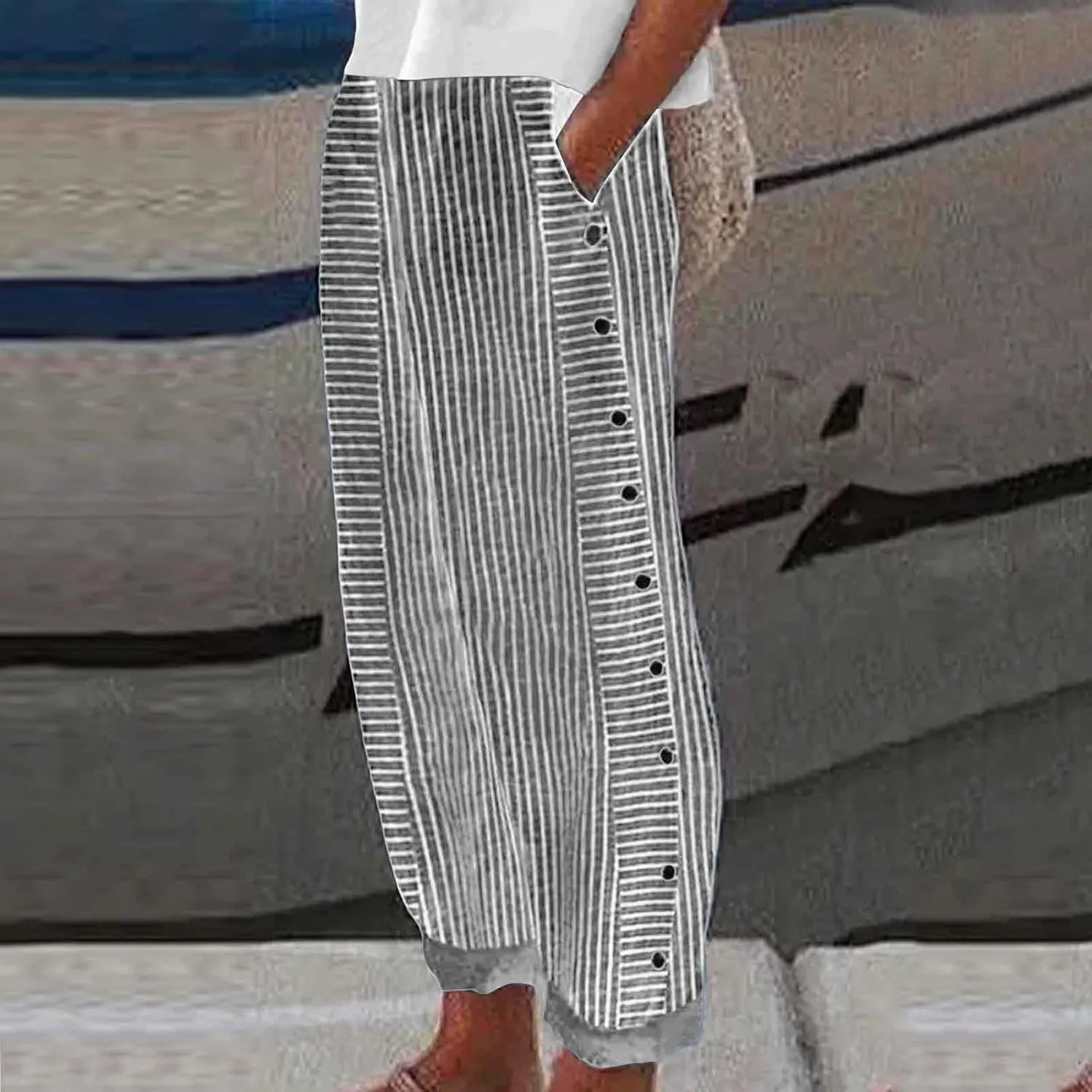 Casual Pants for Women Trendy Stripe Side Button Up Elastic Waist Straight Leg Trousers with Pocket