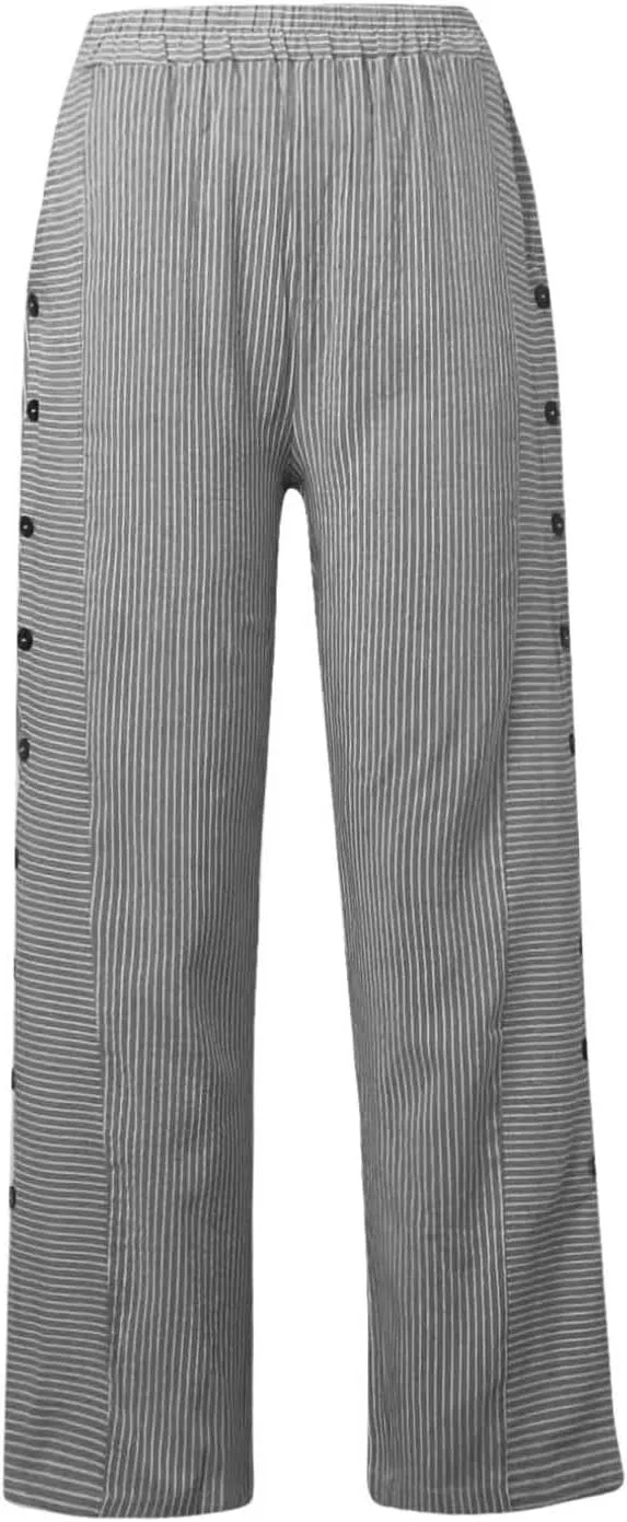 Casual Pants for Women Trendy Stripe Side Button Up Elastic Waist Straight Leg Trousers with Pocket