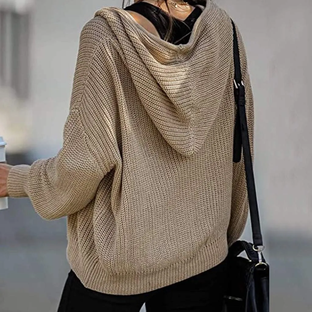Casual Zip Up Hoodies for Women Oversized Long Sleeve Open Front Knitted Cardigans Drawstring Hooded Sweaters Jackets