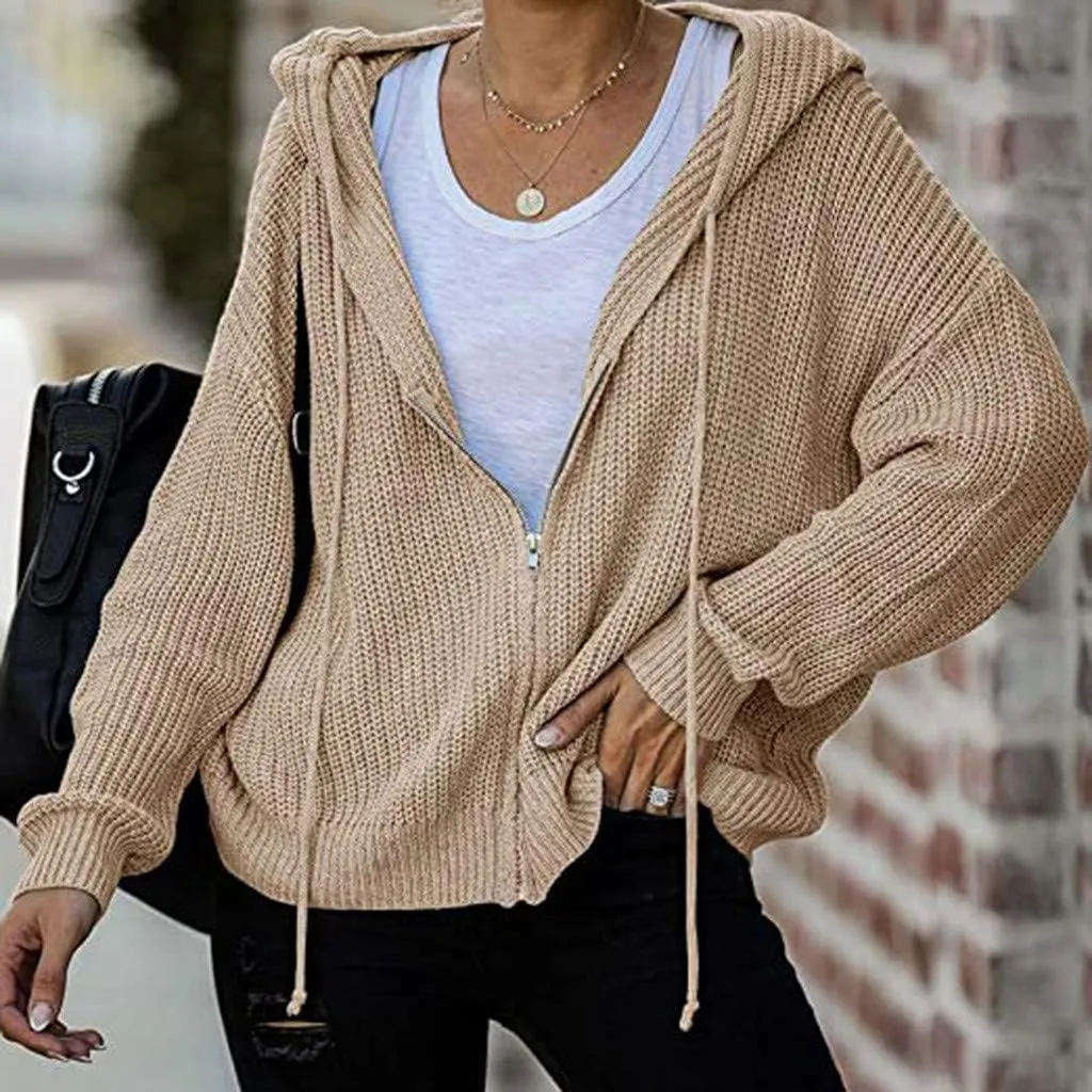 Casual Zip Up Hoodies for Women Oversized Long Sleeve Open Front Knitted Cardigans Drawstring Hooded Sweaters Jackets