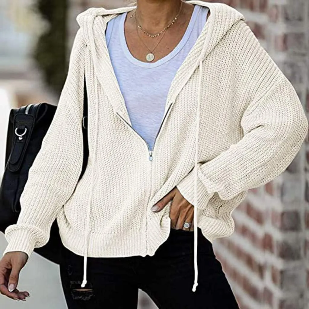 Casual Zip Up Hoodies for Women Oversized Long Sleeve Open Front Knitted Cardigans Drawstring Hooded Sweaters Jackets