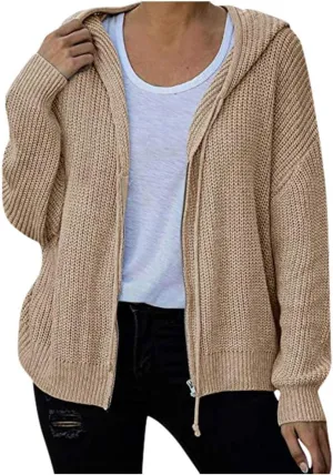 Casual Zip Up Hoodies for Women Oversized Long Sleeve Open Front Knitted Cardigans Drawstring Hooded Sweaters Jackets