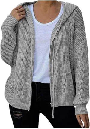 Casual Zip Up Hoodies for Women Oversized Long Sleeve Open Front Knitted Cardigans Drawstring Hooded Sweaters Jackets