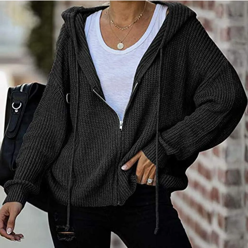 Casual Zip Up Hoodies for Women Oversized Long Sleeve Open Front Knitted Cardigans Drawstring Hooded Sweaters Jackets