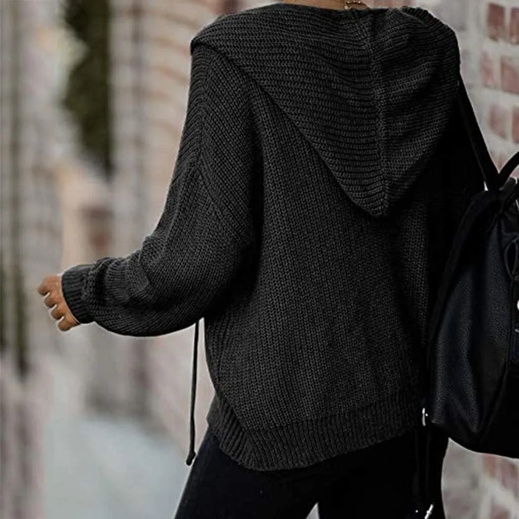 Casual Zip Up Hoodies for Women Oversized Long Sleeve Open Front Knitted Cardigans Drawstring Hooded Sweaters Jackets