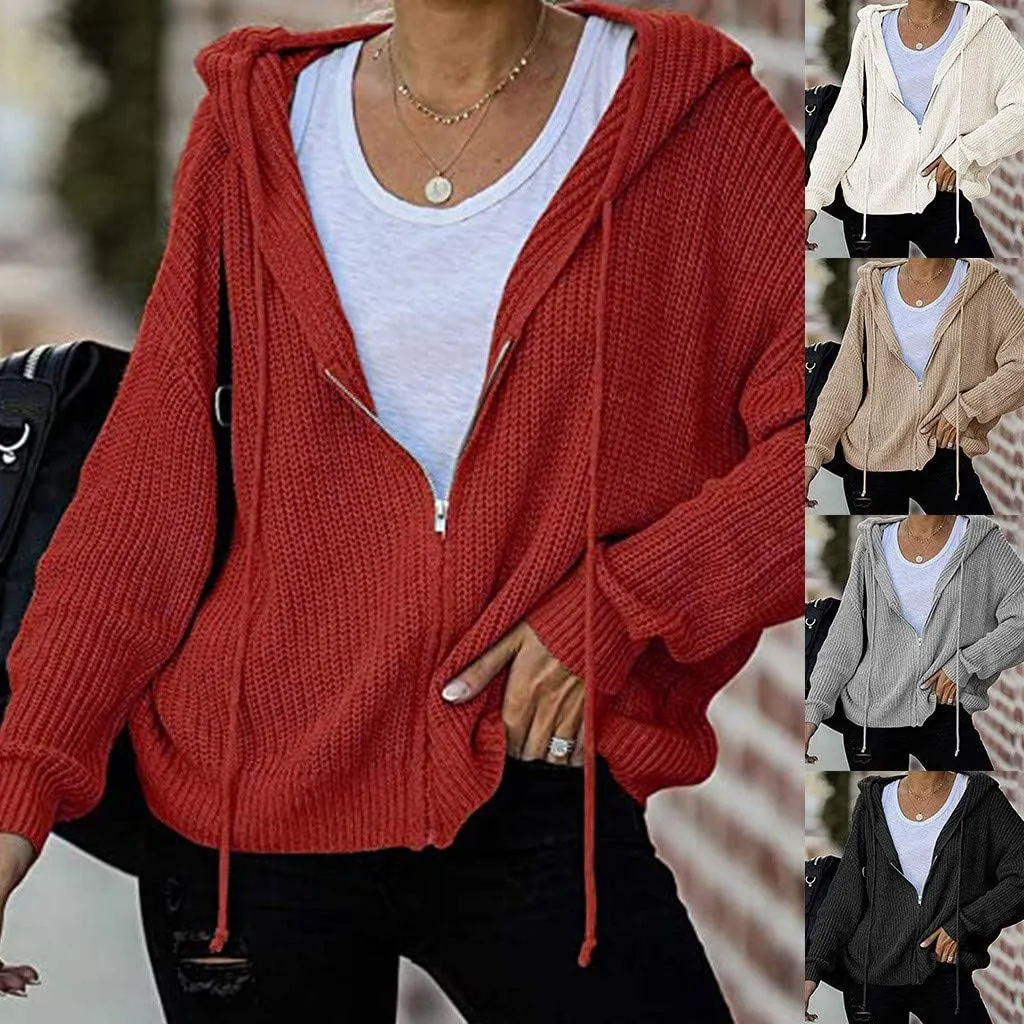 Casual Zip Up Hoodies for Women Oversized Long Sleeve Open Front Knitted Cardigans Drawstring Hooded Sweaters Jackets