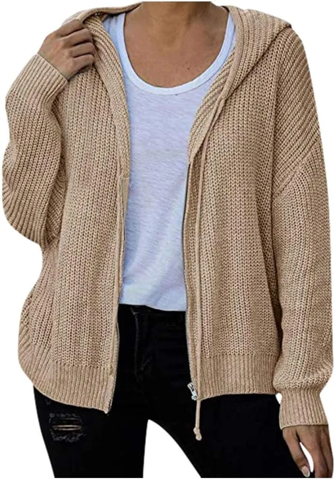 Casual Zip Up Hoodies for Women Oversized Long Sleeve Open Front Knitted Cardigans Drawstring Hooded Sweaters Jackets