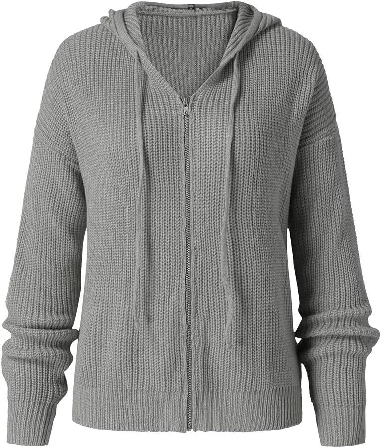 Casual Zip Up Hoodies for Women Oversized Long Sleeve Open Front Knitted Cardigans Drawstring Hooded Sweaters Jackets