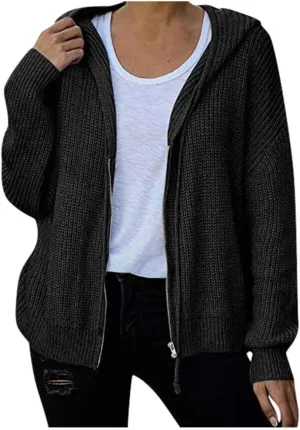 Casual Zip Up Hoodies for Women Oversized Long Sleeve Open Front Knitted Cardigans Drawstring Hooded Sweaters Jackets