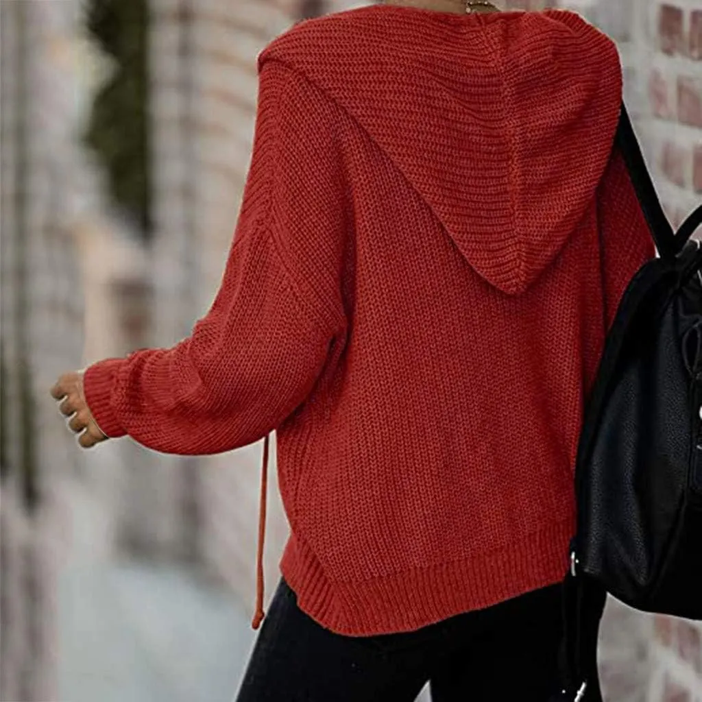 Casual Zip Up Hoodies for Women Oversized Long Sleeve Open Front Knitted Cardigans Drawstring Hooded Sweaters Jackets