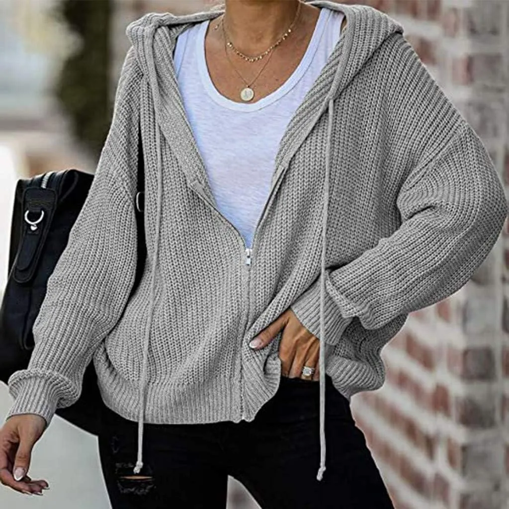 Casual Zip Up Hoodies for Women Oversized Long Sleeve Open Front Knitted Cardigans Drawstring Hooded Sweaters Jackets