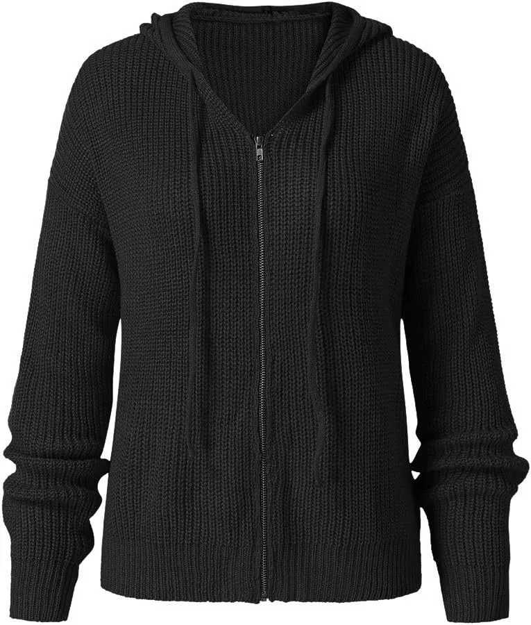 Casual Zip Up Hoodies for Women Oversized Long Sleeve Open Front Knitted Cardigans Drawstring Hooded Sweaters Jackets