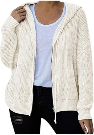Casual Zip Up Hoodies for Women Oversized Long Sleeve Open Front Knitted Cardigans Drawstring Hooded Sweaters Jackets