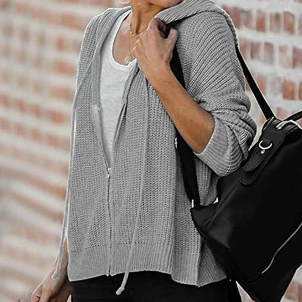 Casual Zip Up Hoodies for Women Oversized Long Sleeve Open Front Knitted Cardigans Drawstring Hooded Sweaters Jackets