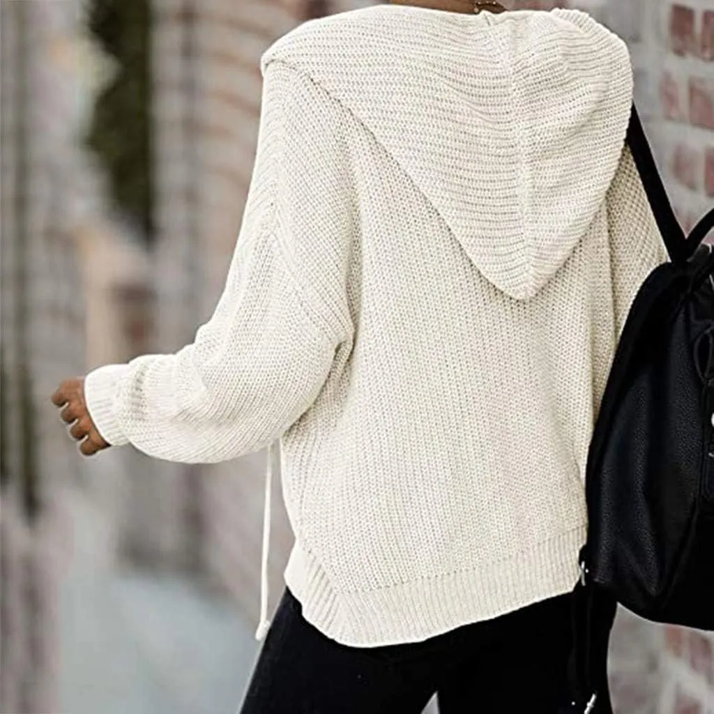 Casual Zip Up Hoodies for Women Oversized Long Sleeve Open Front Knitted Cardigans Drawstring Hooded Sweaters Jackets