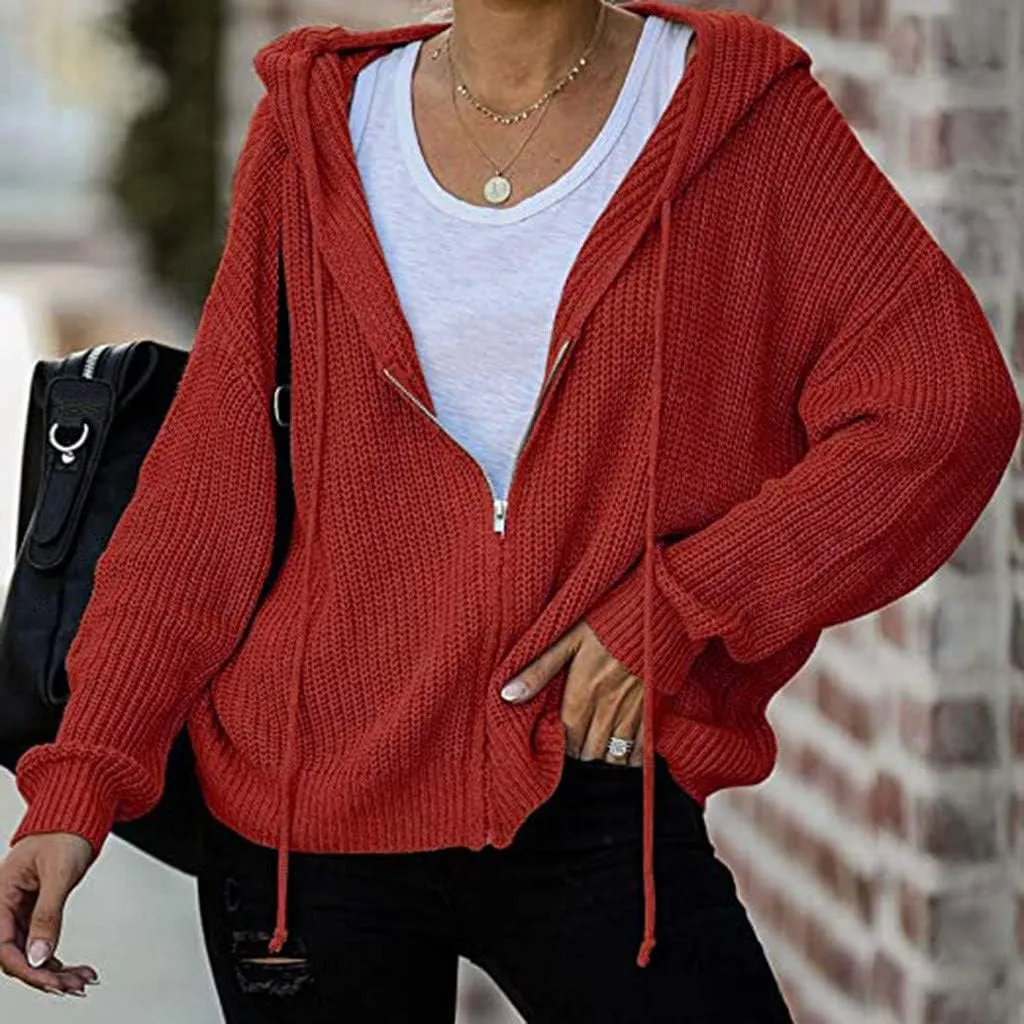 Casual Zip Up Hoodies for Women Oversized Long Sleeve Open Front Knitted Cardigans Drawstring Hooded Sweaters Jackets