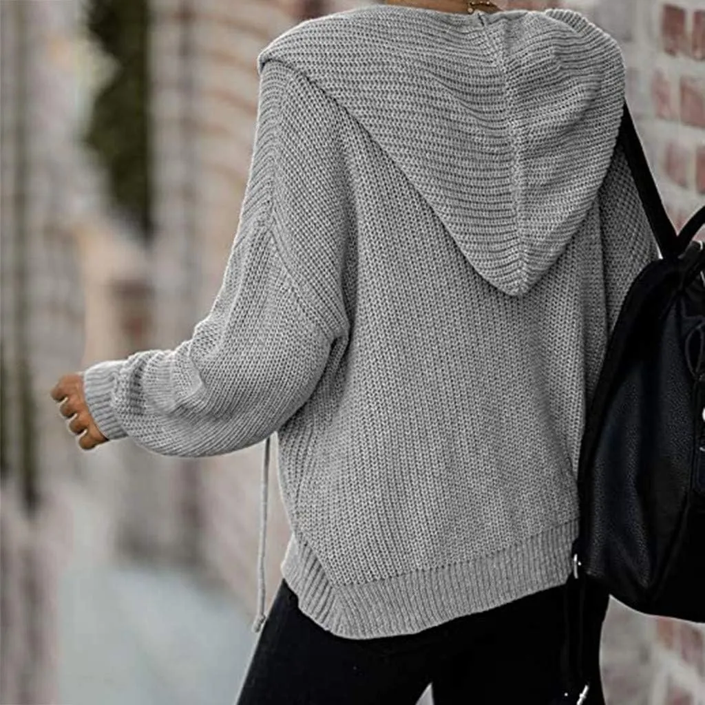 Casual Zip Up Hoodies for Women Oversized Long Sleeve Open Front Knitted Cardigans Drawstring Hooded Sweaters Jackets